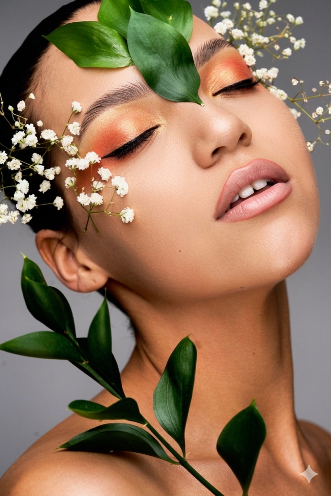 spring beauty editorial story for a fashion magazine. olIVE SKIN MODEL WITH PERFECT SKIN MAKEUP AND ORANGE AND GOLD EYE SHADOWS. Nude LIPS with florals around the face.