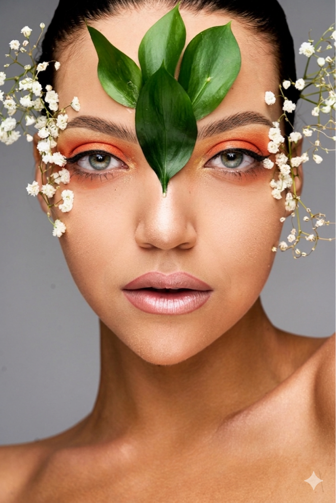 spring beauty editorial story for a fashion magazine. olIVE SKIN MODEL WITH PERFECT SKIN MAKEUP AND ORANGE AND GOLD EYE SHADOWS. Nude LIPS with florals around the face.