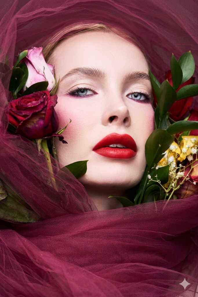 beauty editorial for vogue beauty, Red lips and pink blush with flowers and roses
