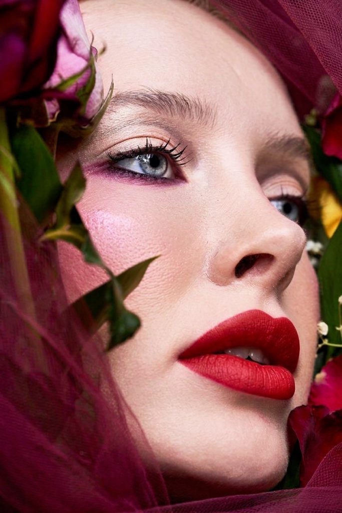 beauty editorial for vogue beauty, Red lips and pink blush with flowers and roses