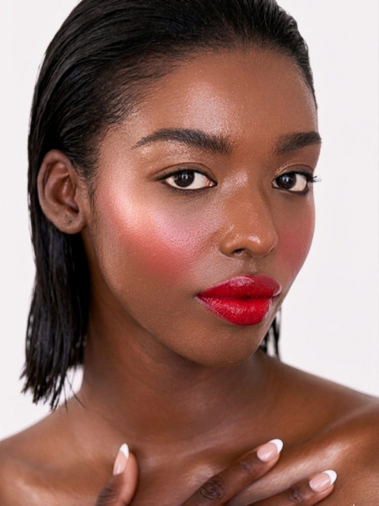 natural perfect bronze skin makeup. deep skin makeup trends. Red lips, glowy skin.